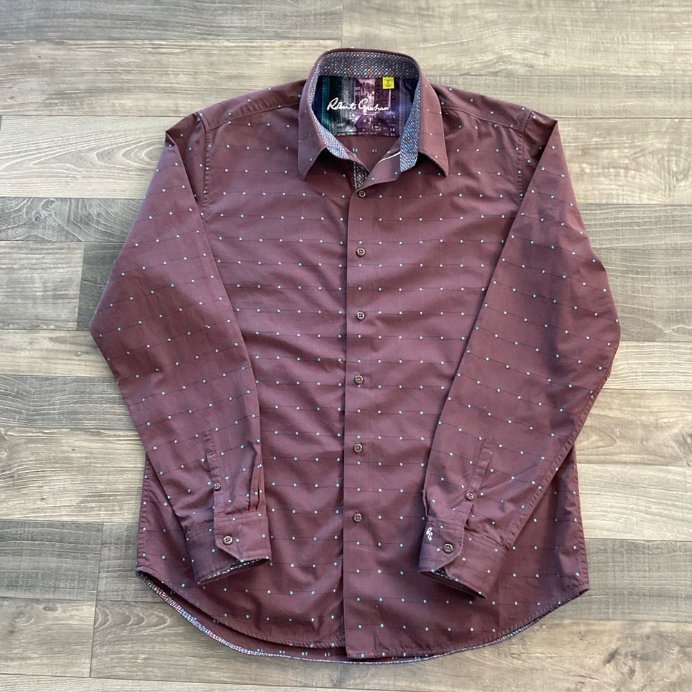 Robert Graham Tailored Fit Button Shirt Men’s LARGE Brown Blue Flip Cuff Cotton